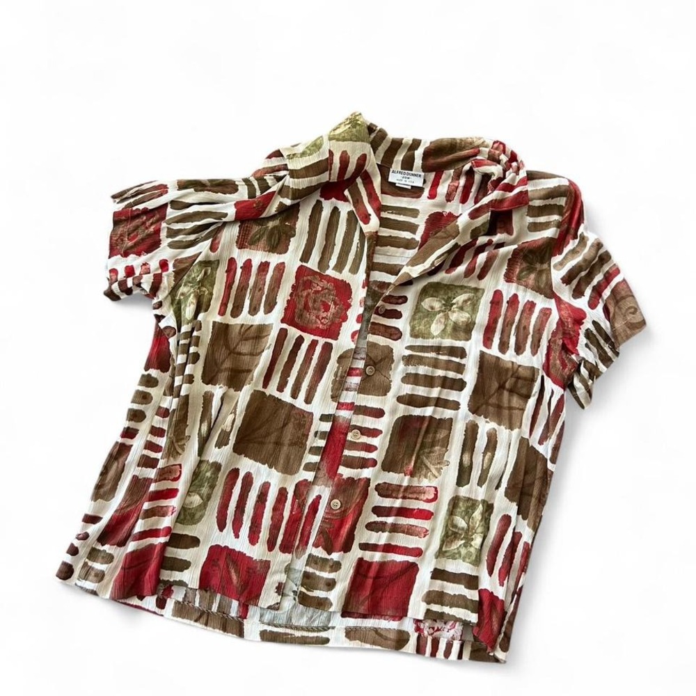Alfred Dunner Women's‎ Short Sleeve Button Down Top Blouse Red Brown Olive